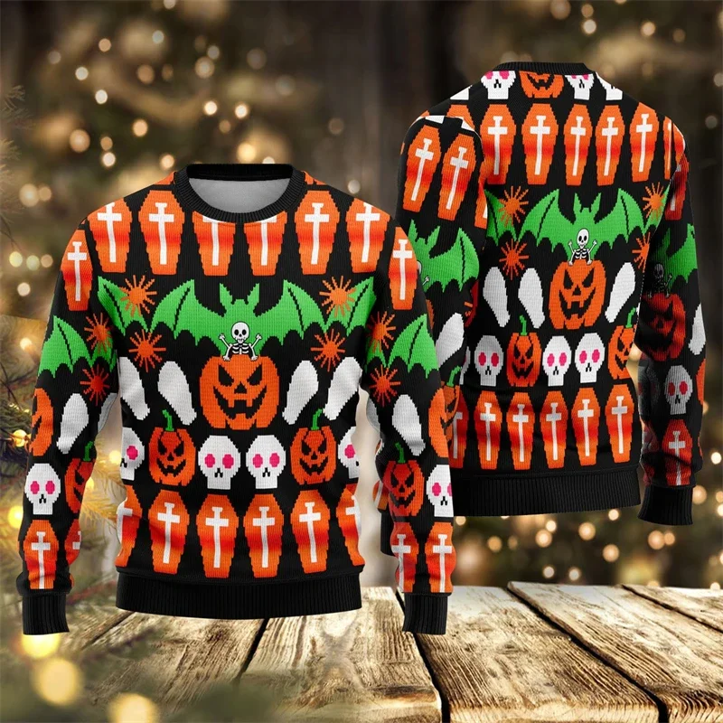 2026 Neuer Halloween-Hässlicher Pullover für Männer, Modische Kürbis-, Geister- und Totenkopf-3D-Druck-Sweatshirts, Lässige Übergroße Festtagskleidung – Detail 7