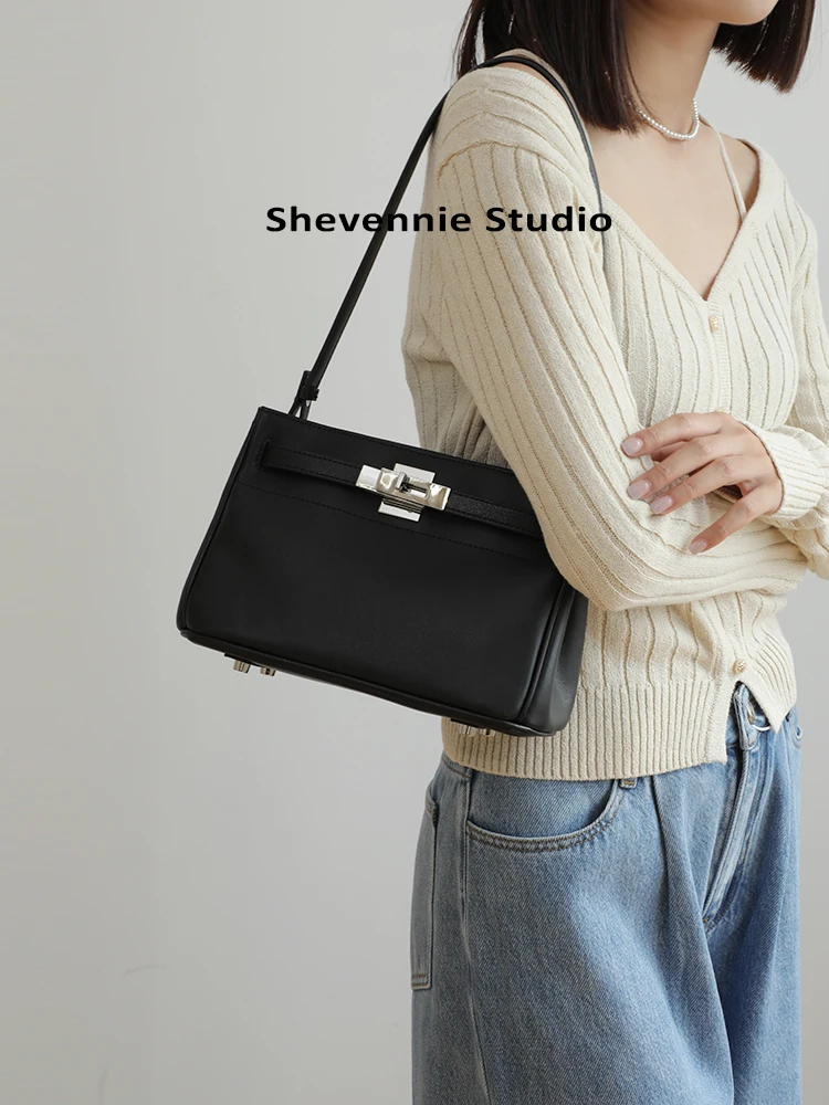 Shevennie2024 New  Closed-Toe Layer Cowhide Lock Soft Underarm Bag Portable Oblique Square Sling Bag