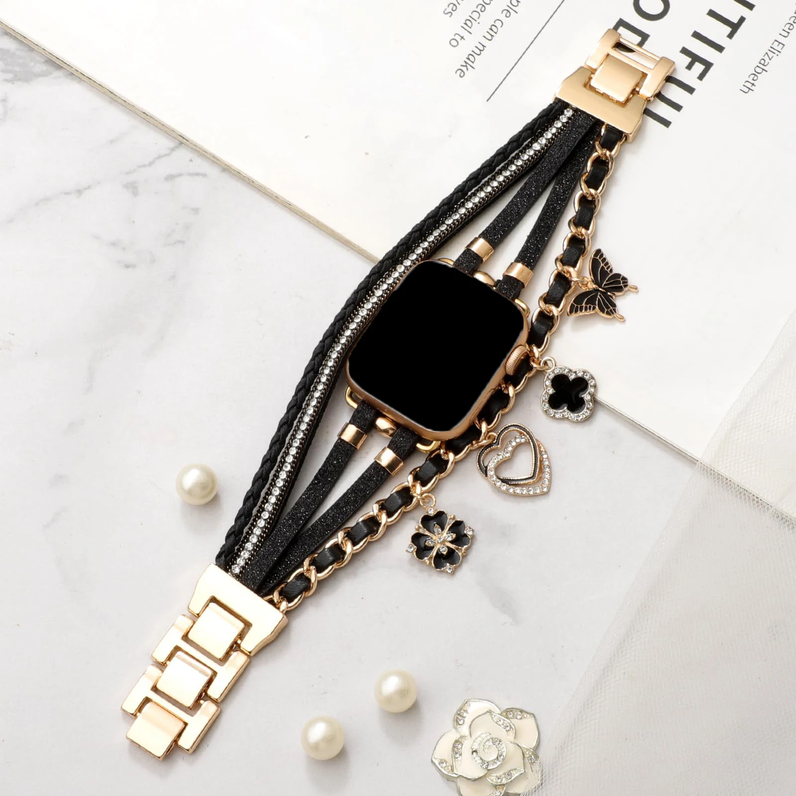 Women Leather Bracelet Band for Apple Watch 40/41/42/44/45/46 mm Metal with Pendant strap for iwatch Series 10 Ultra 9 8 7 6 5 4