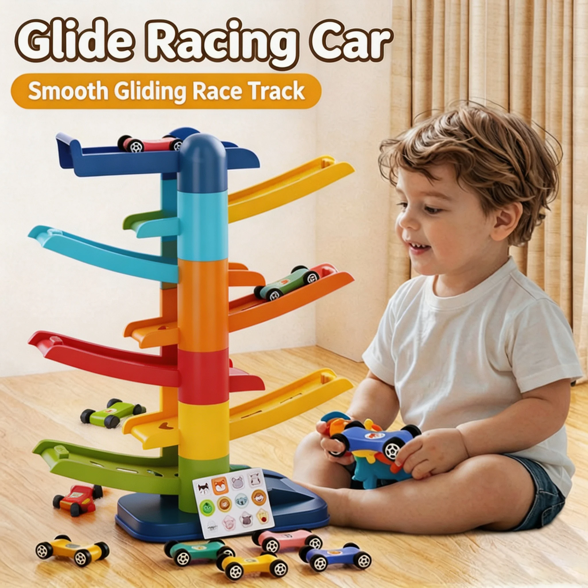 Track Slide Car Set, Inertia Glide Toy with Stacking Blocks, STEM Gift for Kids Age 3+