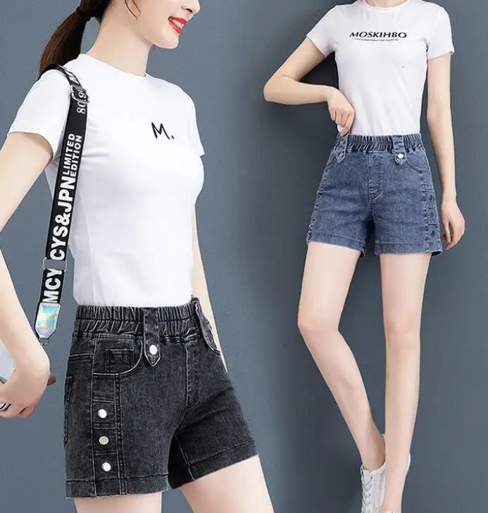 Stretch Denim Shorts,Women High Waist Straight Tube A-line Hot Pants，Female Fake Two Pieces Casual Jean Shorts