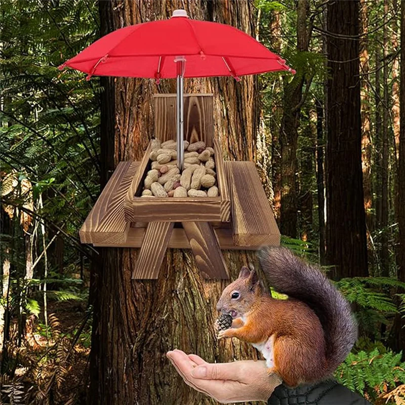 【New Arrival】Squirrel Feeder Picnic Table With Umbrella,Wooden Squirrel Feeders For Outside,Cute Chipmunk Feeder+Solid Structure