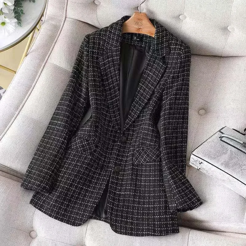 Formele Koreaanse Geruite Tweed Vrouwen Slanke Blazers Oversized 5xl Kantoor Elegante Jassen Wit/Zwart Vintage Werkkleding Outwear Nieuw 2023