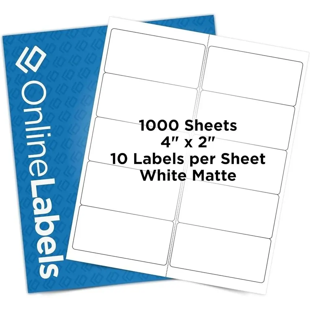 

4 x 2 RecMailing Labels - Permanent, White Matte - Addr, Shipping, Git - Pack o 10,000-1,000 Sheets - Inkjet/Laser Printers -
