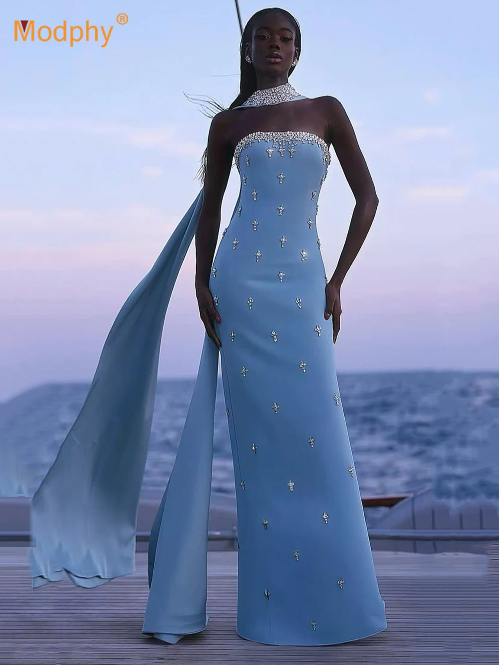 

Modphy Elegant Ribbon Diamond Strapless Long Dress Women Solid Off Shoulder Backless Slim Maxi Dresses 2025 Party Robes Lady