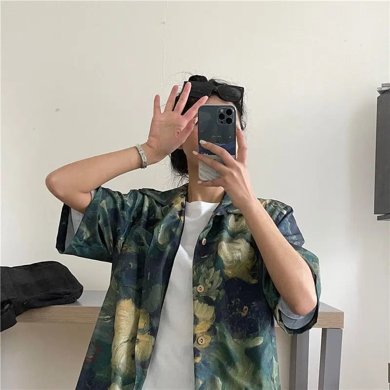 Vintage Korean Fashion Casual Printing Blouses Loose Button Turn-down Collar Handsome 2023 Women's Clothing Summer Thin Cardigan