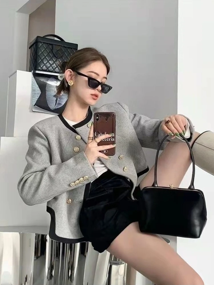 Nuovo 2025 Primavera Autunno Donna Grigio Irregolare Color Block Doppio Petto Stile Britannico Francese di Fascia Alta Giacca Corta di Lana