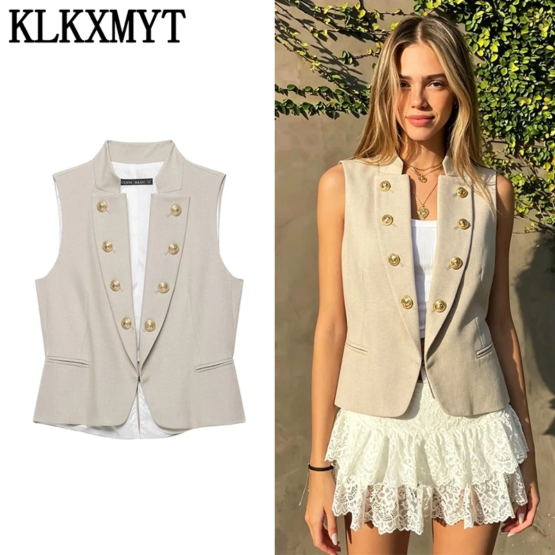 KLKXMYT Women Vintage Vests Coats 2026 Summer Solid Metal Buttons Female Elegant Street Waistcoat Office Commute Fashion Vest