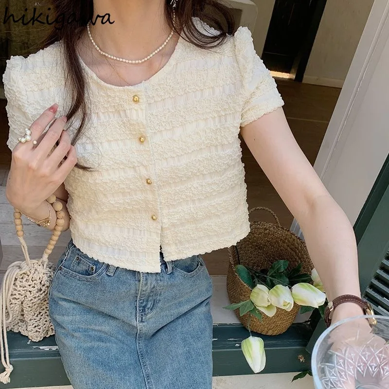 Vintage Women Shirts O-neck Puff Sleeve Tunic Blouses 2023 Blusas Mujer De Moda Temperament Tops Fashion Korean Folds Blouse