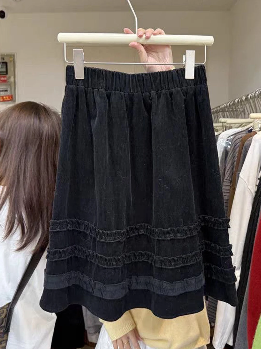 Korean Style Elastic Waist Retro Corduroy Half Skirt Women's Loose Slimming Midi Skirt Autumn New Arrival A-Line Skirt