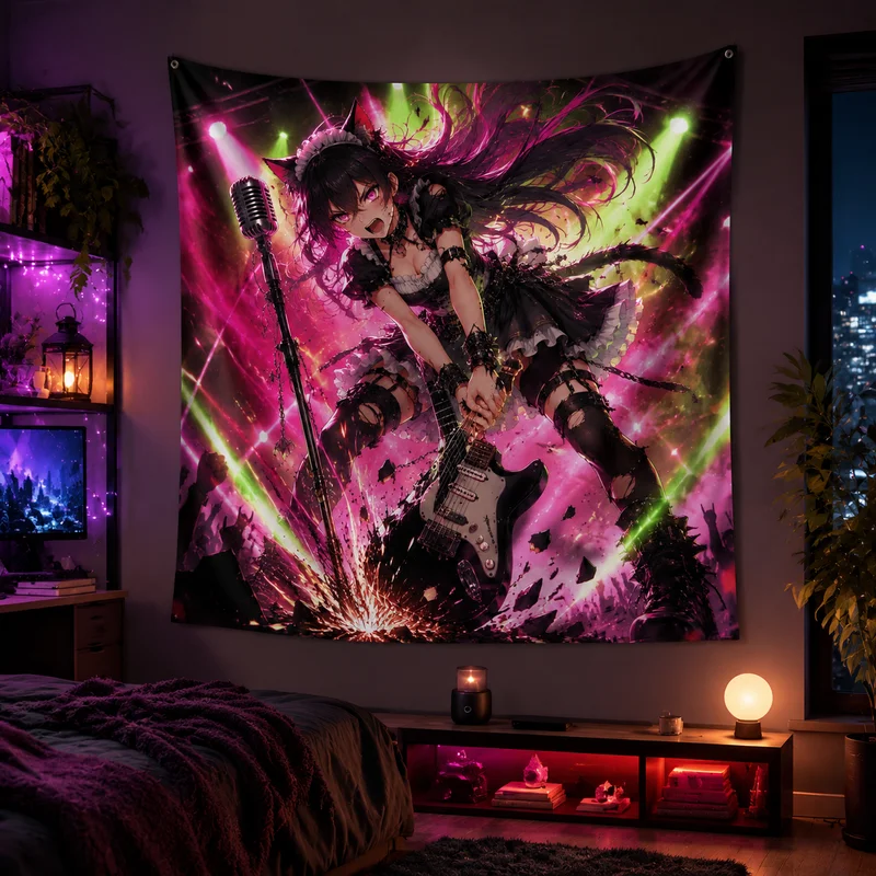 VIKAMA Rock Stage Cat-Ear Maid Anime Tapestry, Neon-Style Wall Hanging, Punk Cat-Ear Girl Printed Tapestry, Home Decor