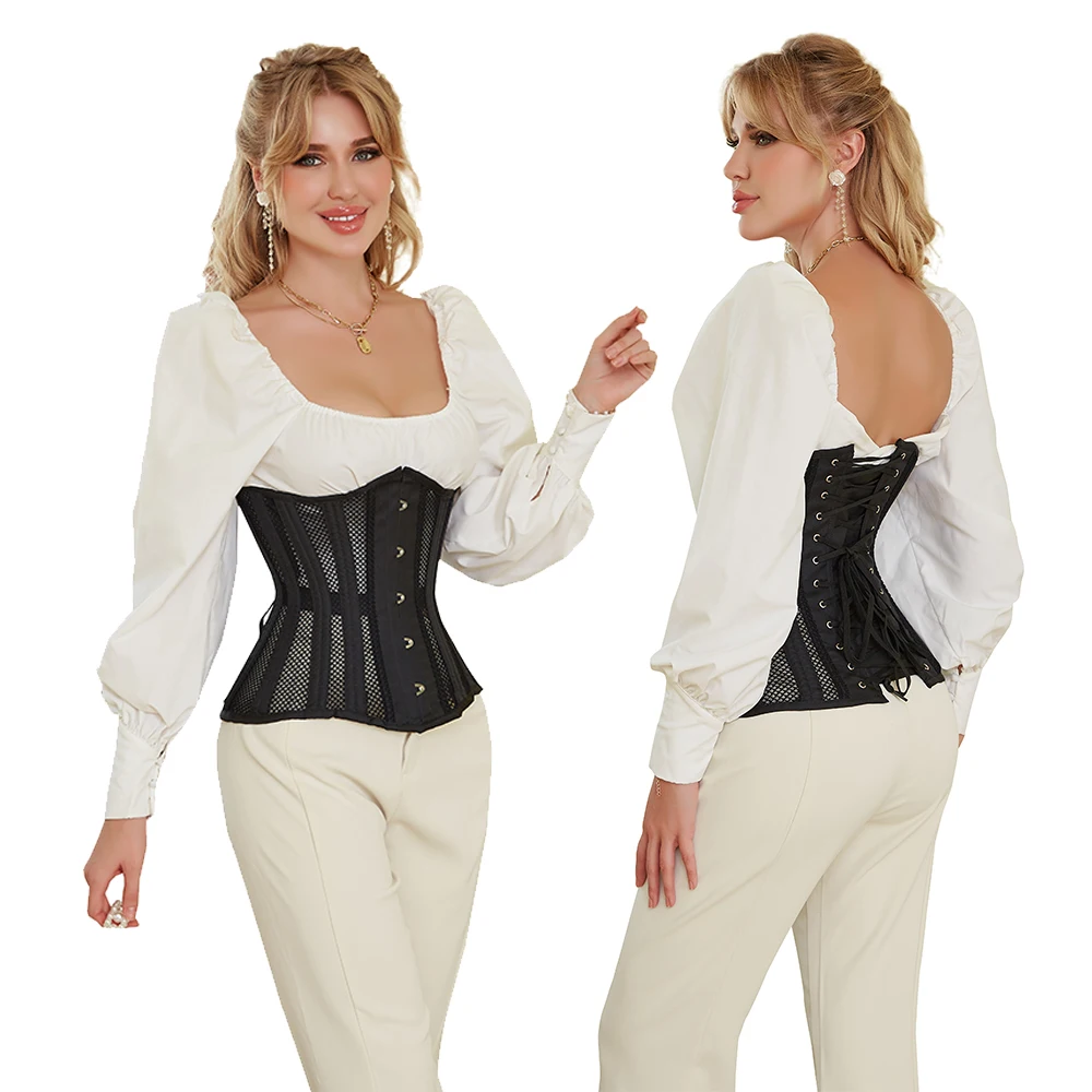 

Hollow Net Underbust Corset Waist Cincher Bustier Black Outwear Steel Boned Breathable Mesh Korset
