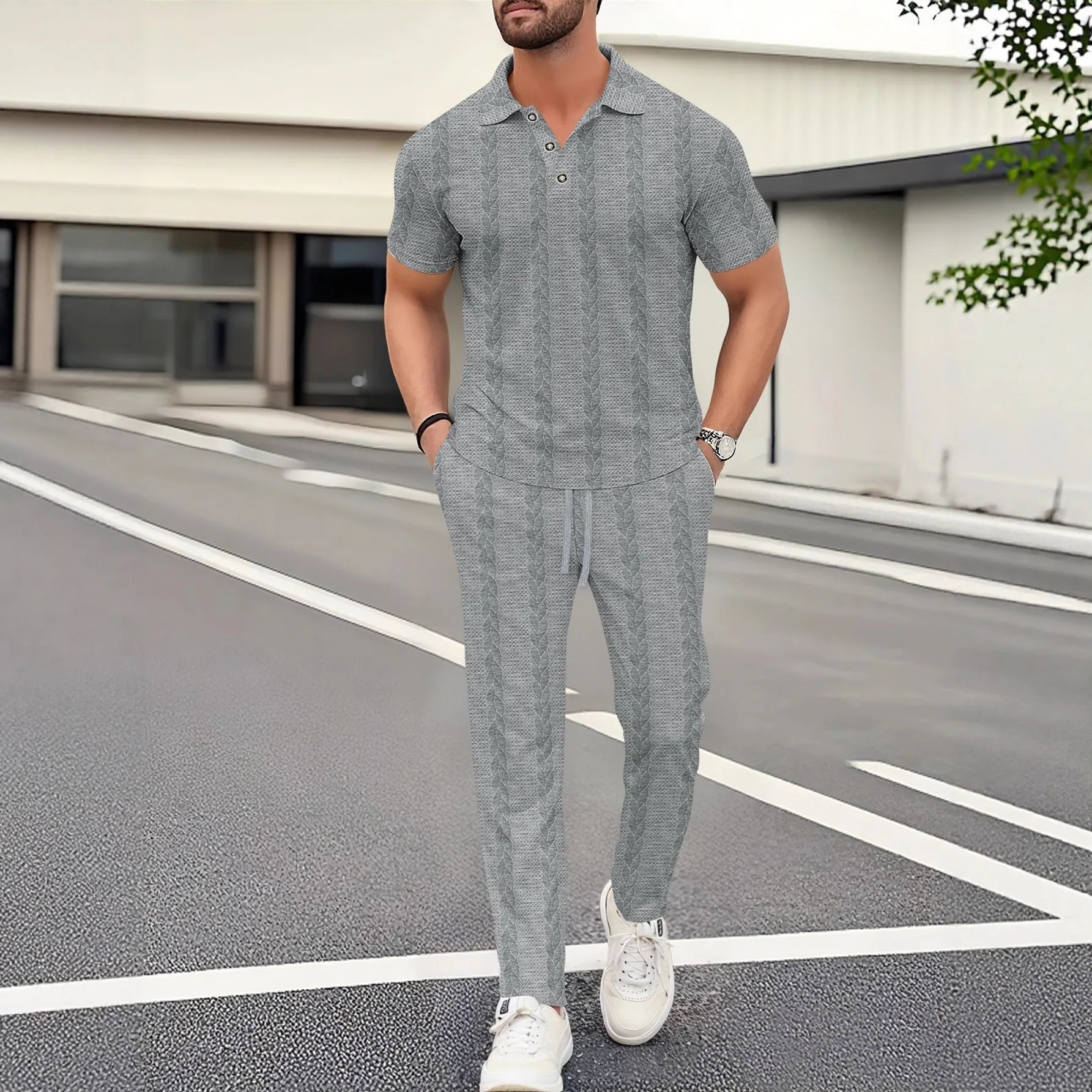 Autumn Men's New Solid Color Lapel Button Jacquard Short-sleeved POLO Shirt Trousers Casual Suit