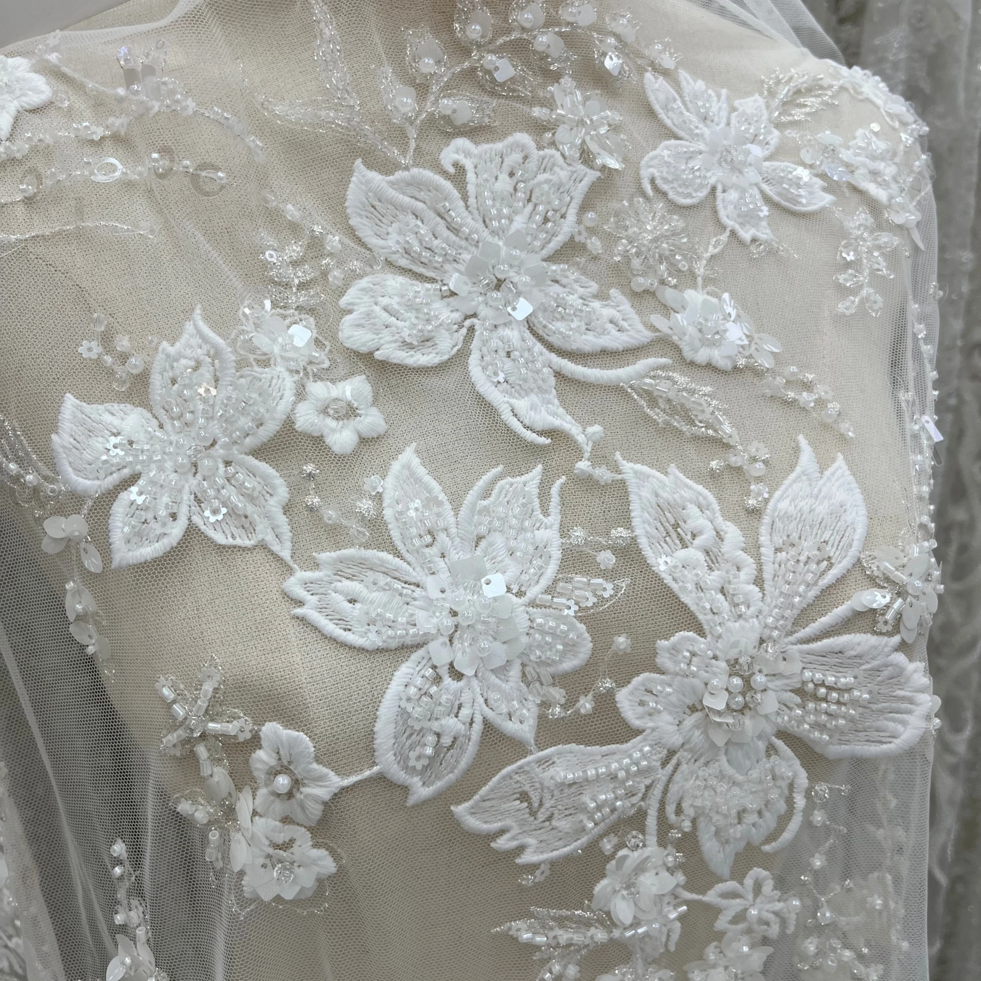 Exquisite and unique multi-sized sequin handmade bead tulle embroidery, custom-made evening dress and wedding dress lace fabric