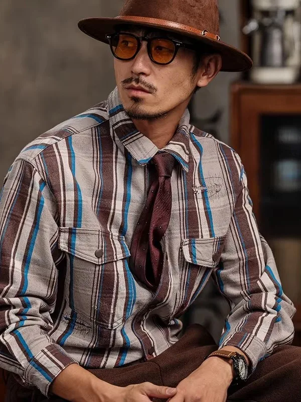 

Loose Casual Cotton Denim irt Jaet Men's Spring Autumn Large Size Retro Stripes Outerwear Breathable Long Sve irt