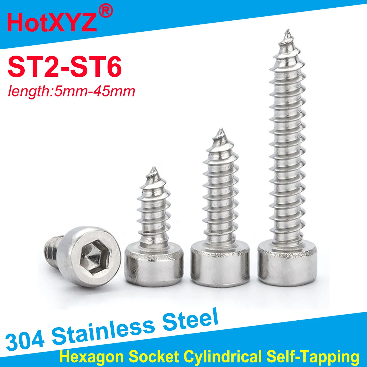 10/20/50/100 PCS ST2/ST2.6/ST3/ST4/ST5/ST6 304 Stainless Steel Hexagon Socket Cylindrical Head Self-Tapping Screws