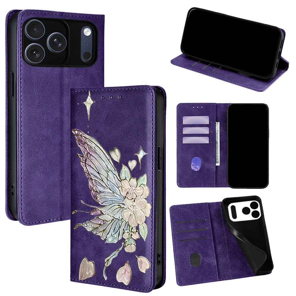 Magnetische Ledertasche mit Schmetterlingsmuster für iPhone 17 Pro Max iPhone 16 15 14 13 12 11 Pro Max 16 Plus 16E Air Flip Wallet Cover