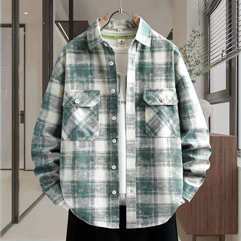 

American Casual Retro Plaid irt Men's Long Sve Dyed Cool Trendy High Street irt Sle Jaet Thin Cotton ket irt