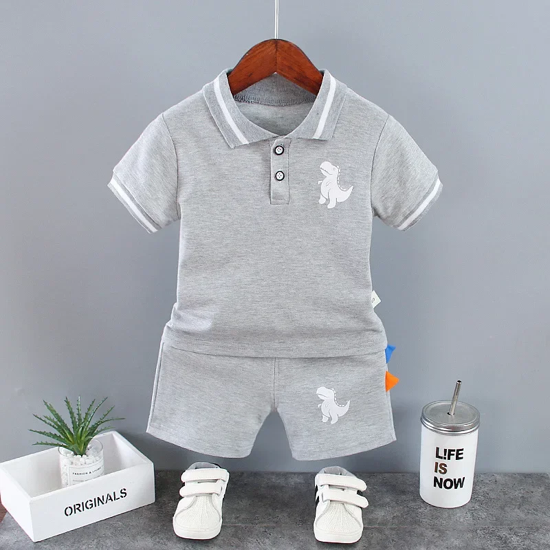 Tenues d\'été imprimées dinosaures pour bébés garçons, Économie à col rabattu, Y et shorts, ensembles de vêtements pour bébés, 9 à 12 mois, 2 pièces