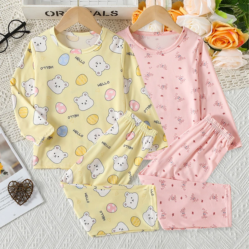 2-piece Four Seasons Children's Full Print Cute Home Set for Girls Sweet Long Sleeve Pants Sleepwear Comfortable Round Neck T-sh