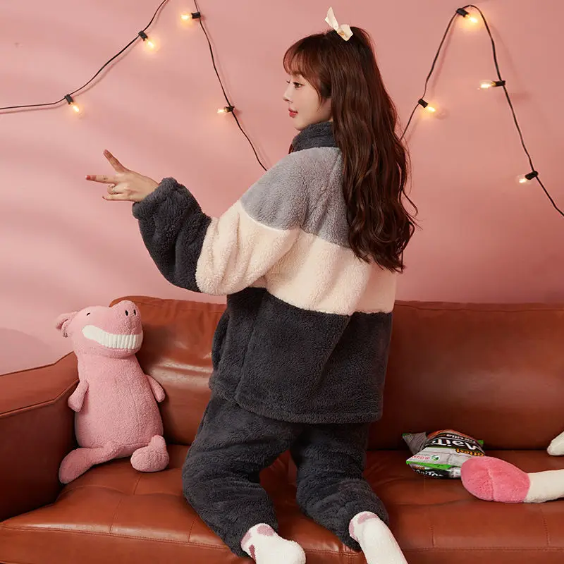 Coral Velvet Female Pajamas Women Autumn Winter Sweet Cute Warm Loungewear Thicken Stand Collar Casual Sleepwear Two-Piece Set