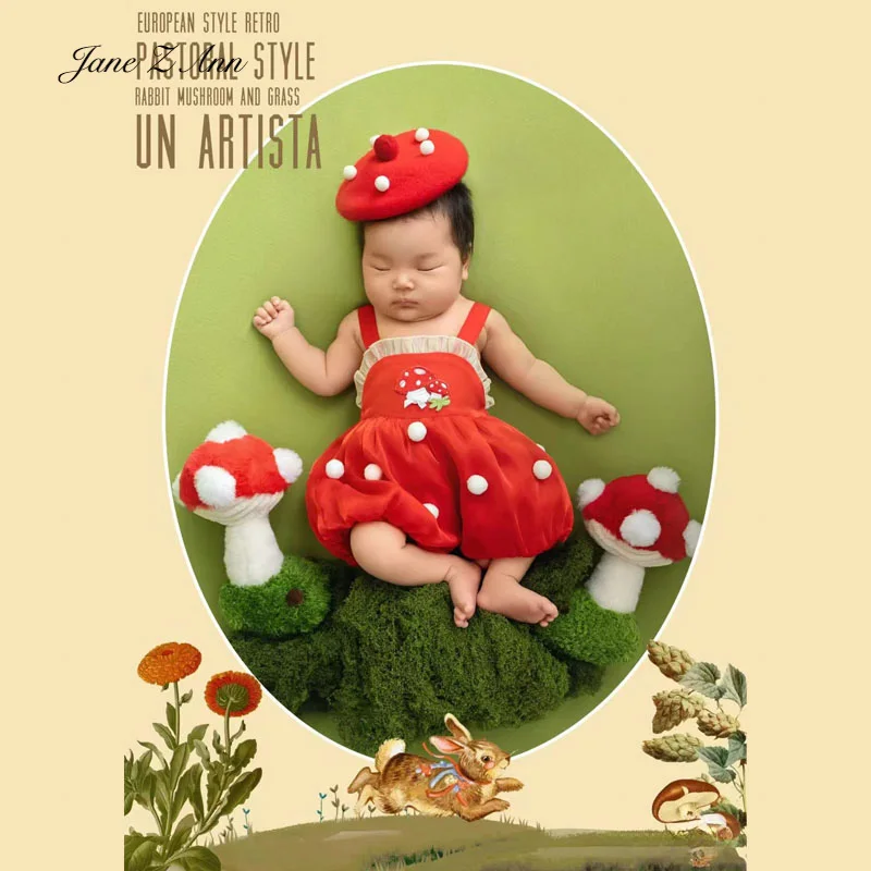 Newborn baby photo mushroom theme infant girl sweet cute hat clothes moss mushrooms props