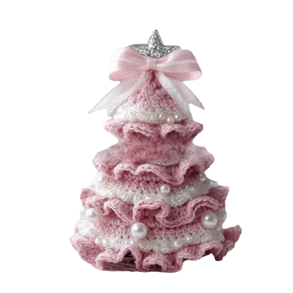 Handmade Crochet Christmas Tree Kit Festival with Bow Faux Pearl Christmas Party Crochet Tabletop Christmas Tree for Beginner