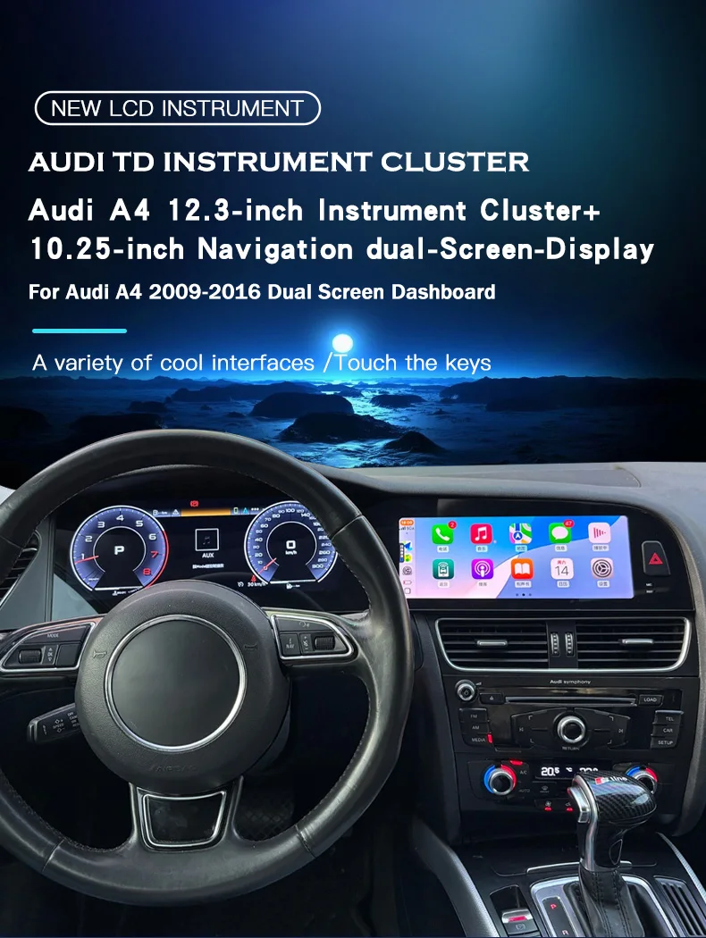 For Audi A4 A4L 2009 2010 -2016 Car Dashboard LCD Digital Instrument Dual Screen Car Radio CarPlay Android Car Multimedia Player