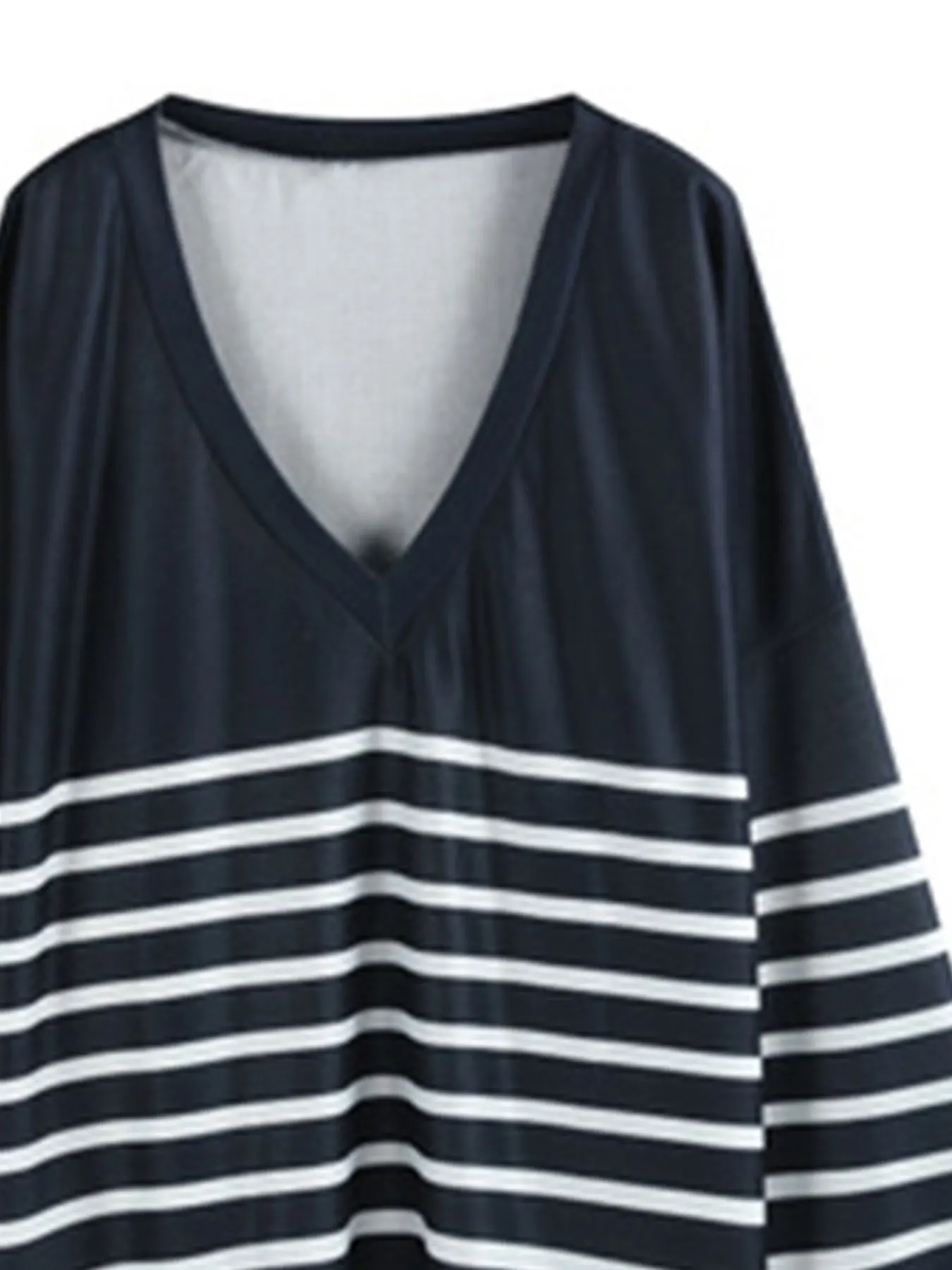 Plus Size Casual Top, Women\'s Plus Colorblock Stripe Print Long Sleeve V Neck Top