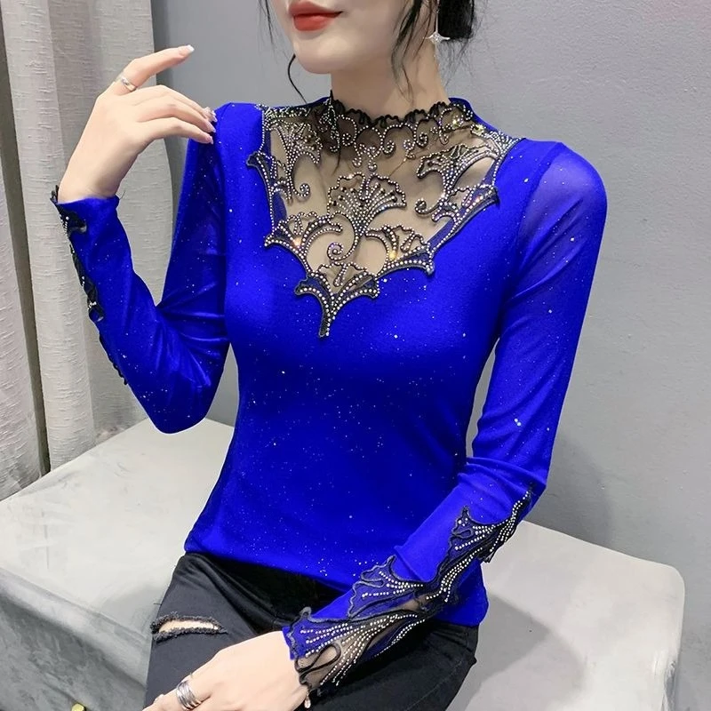 

Autumn Winter Original Fashion Women Long Sleeve T shirt Half High Neck Sequins Hollow Out Hot Diamond Mesh Base Shirt