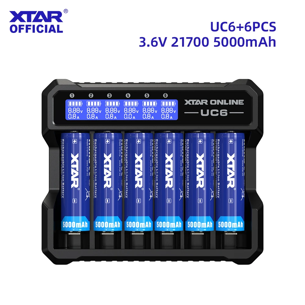 XTAR UC6 Charger with 6x 18650 4000mAh or 21700 5000mAh Protected Batteries 6-Slot Independent Charging LCD 10A Discharge Type-C