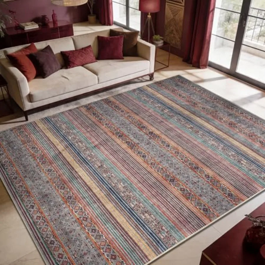 Vintage Washable Area Rug for Living Room, Cotton Blend with Rubber Backing, Beige and Brown, Non-Slip Low Pile Design, 6x9