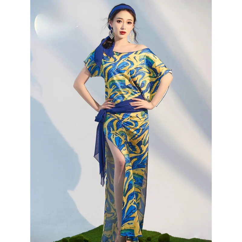 New Style Belly Dance Robe Printed Folk Shaabi Practice Outfit Baladi Oriental Dance Performance Costume