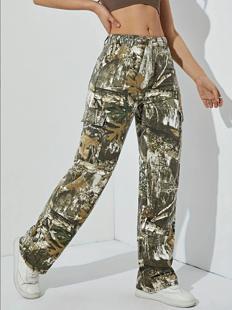 韓国スタイルのトレンドデニムパンツ女性カジュアルストリートハイウエストストレートジーンズフォレストスタイルプリントルーズカーゴパンツ