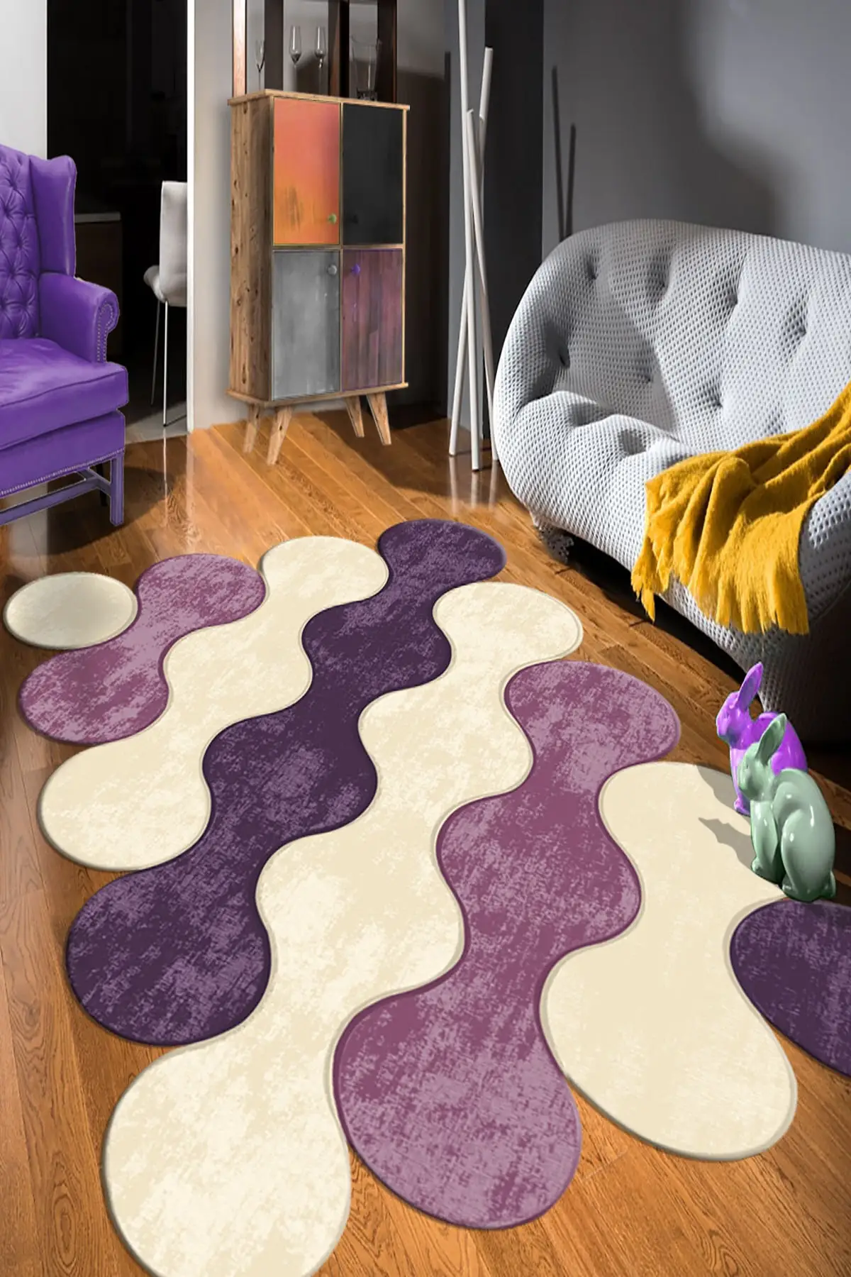 DOLBOVI Adella digital printed non-slip base washable purple cream laser cut Salon carpet