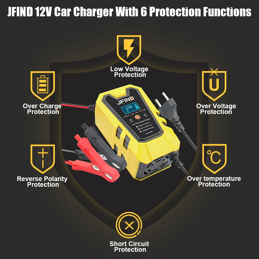 Jfind 12V Pulse Repair 6A Lead-acid lithium Car Battery Charger LCD Display battery tester Fast Charge For Car/Motorcycle