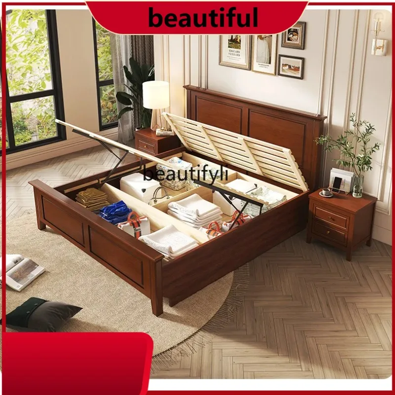 American all solid wood, simple double bed, retro master bedroom, wedding bed, storage, bed and breakfast H