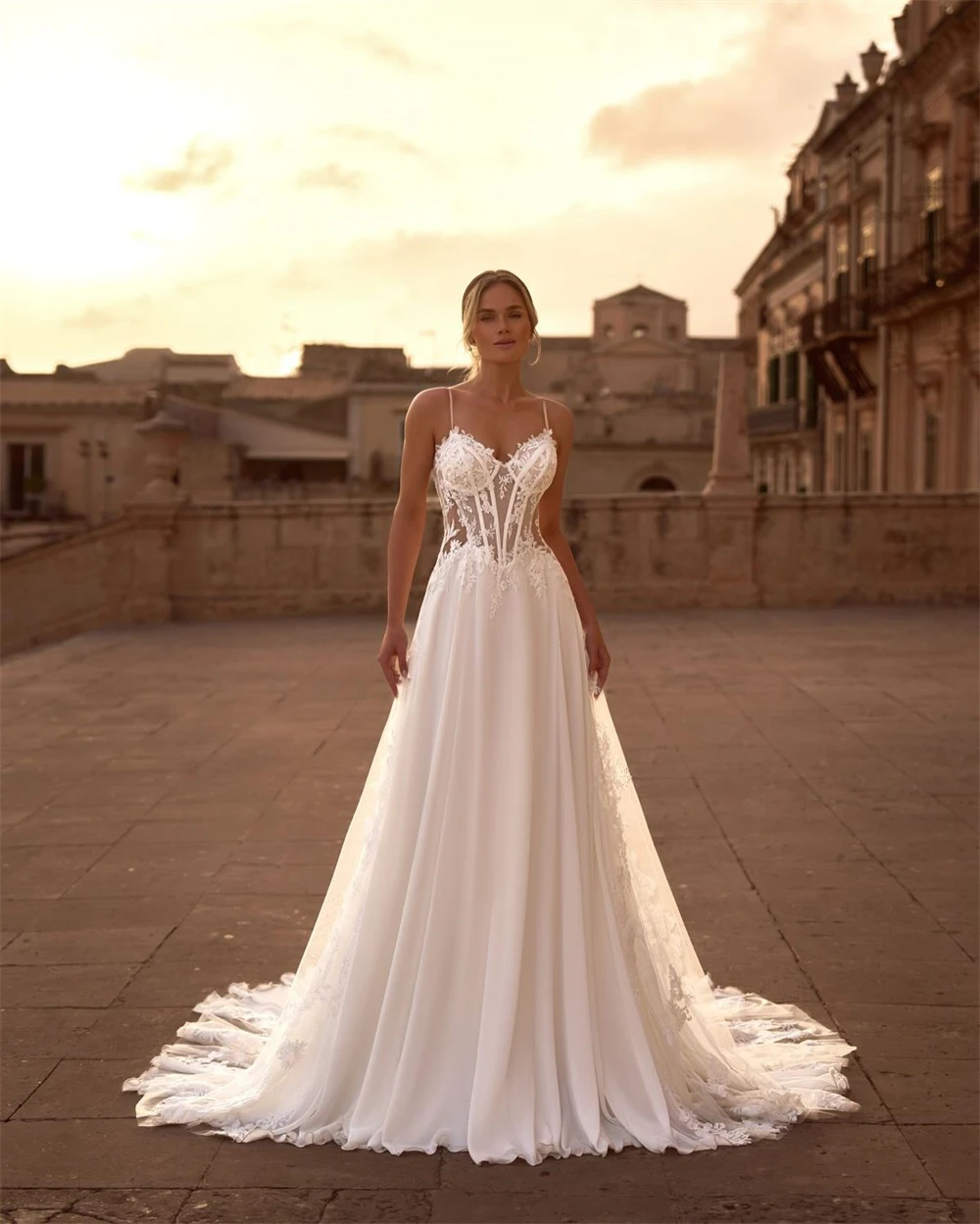 

Customized Elegant White Chiffon Wedding Dress Formal Sweetheart Sleeveless Bridal Gowns Boho A-Line Court Train Robe de mariée