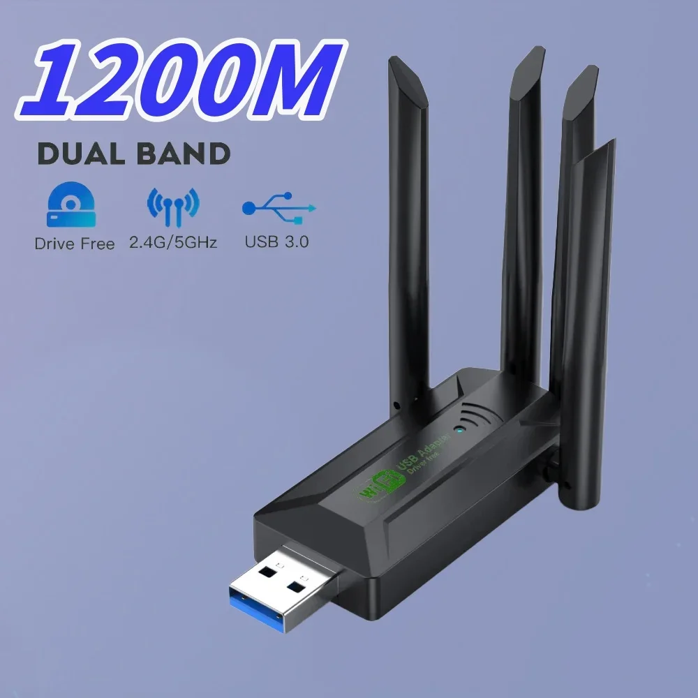 

1200Mbps WiFi Wireless USB Adapter Dual Band Wi-Fi Dongle With 4 Antenna USB3.0 High-Speed Network Card Receiver