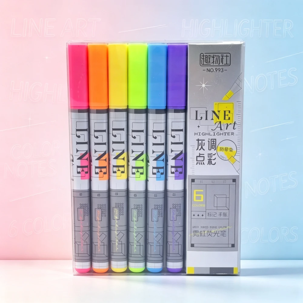 6pcs Wide Blade Design Neon Fluorescent Markers Set Adjustable Line Width Smooth Flow Silver Body Transparent Case for Students