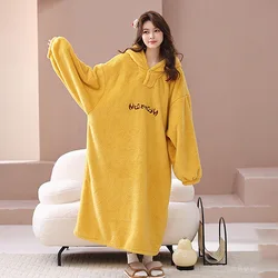 Autumn and Winter New Long Section Warm Hooded Robe Home Wear Shu Cotton Velvet Lazy Bathrobe Large Size Pajamas Home Wear