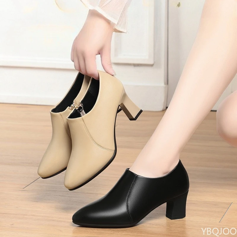 

Весенне-осенние новые женские туфли на одной платформе с глубоким вырезом и молнией на мягкой подошве, абрикосовый толстый каблук, простой стиль, низкие высокие каблуки