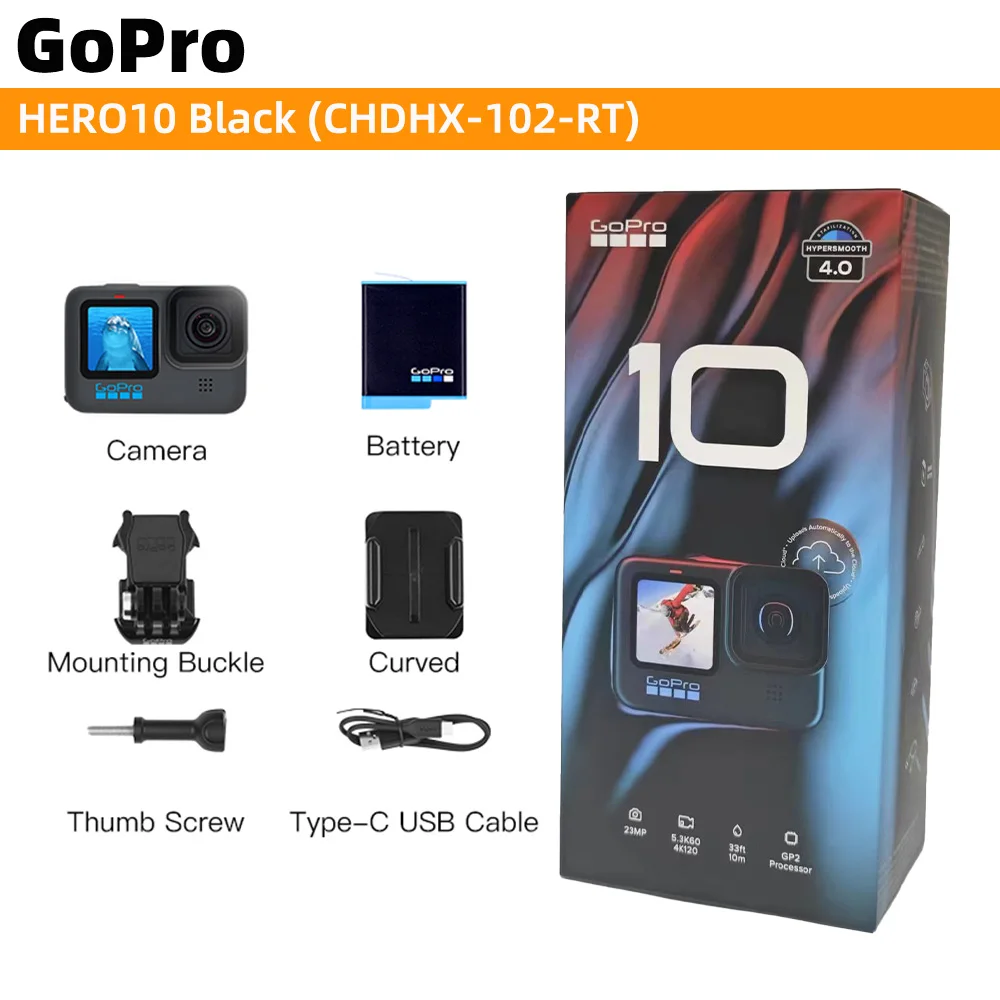 GoPro HERO 10 Black Underwater Action Camera 4K 5.3K60 Video, Helmet Sports Cam 23MP Photos, 1080p Live Streaming Go Pro HERO10