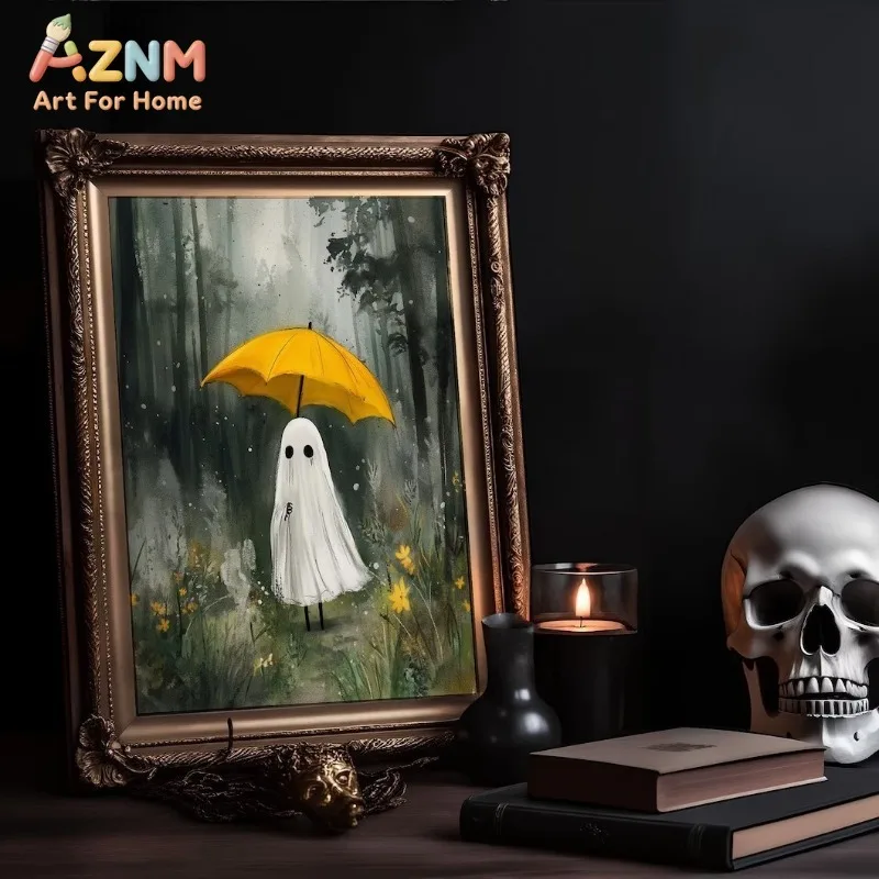 Forest Ghost Holding Bright Yellow Umbrella Wildflowers Misty Halloween Canvas Poster Prints Frameless Wall Art Cute Decorations