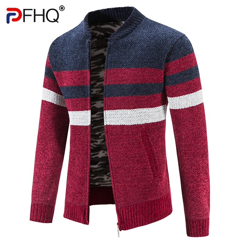 

PFHQ Men's New Jacket Cardigan Spring Autumn Knitted Sweater Chenille Warm Top Contrast Color Zipper Male Tops 21Z5600