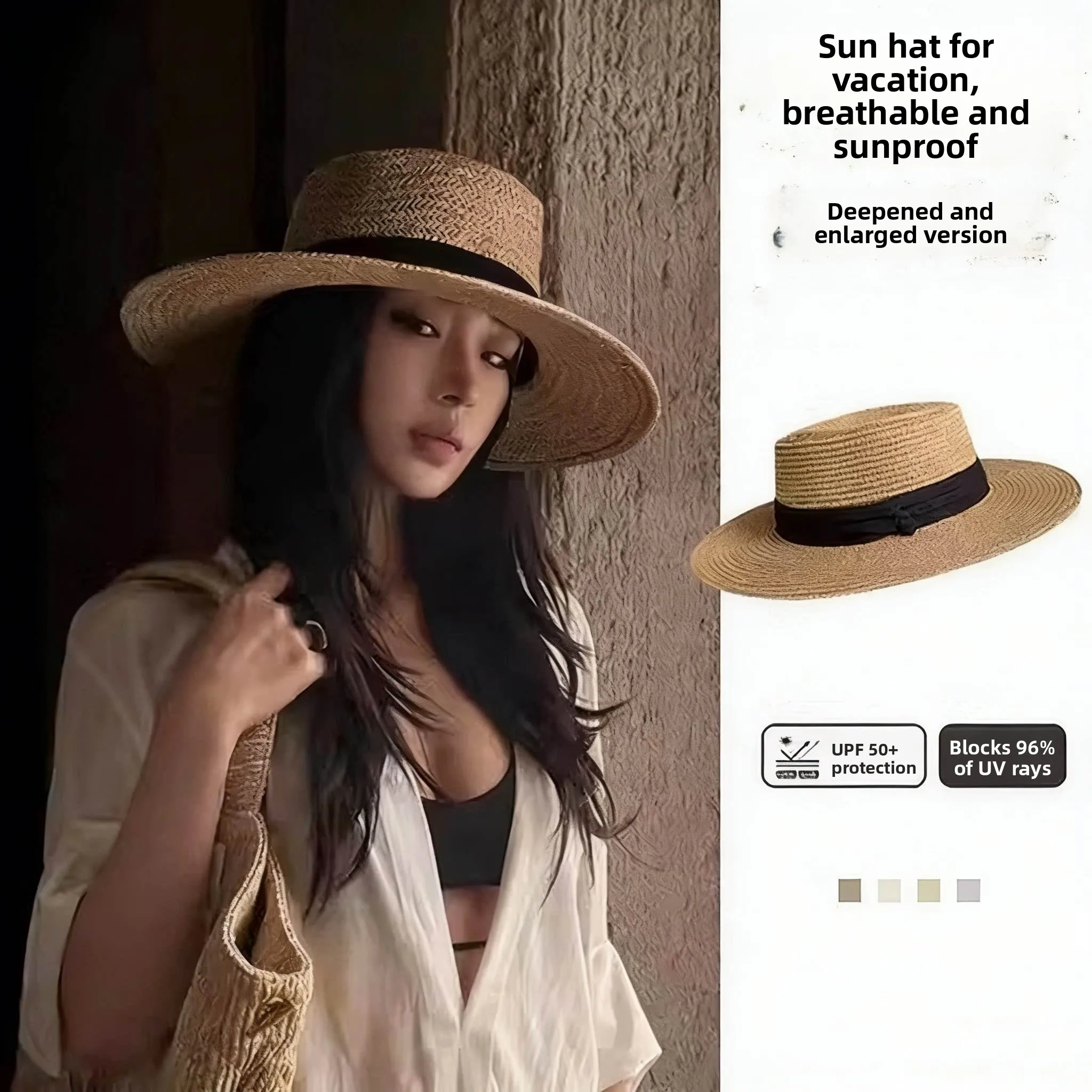 Women's Summer Beach Sun Hat Flat Top Straw Hat Casual Style UV Protection 100 plus Polyester Fiber Camping Scenarios