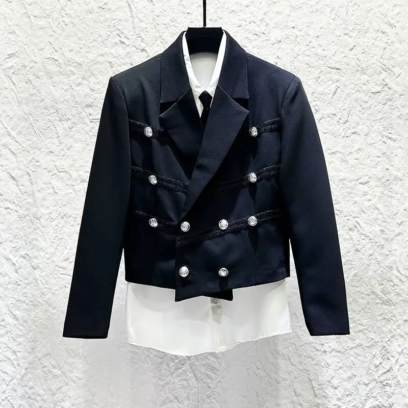 Personalized Metal Buckle Punk Style Double-breasted Men Short Suit Jacket Trendy Casual Blazer 2026 Autumn New CSE45
