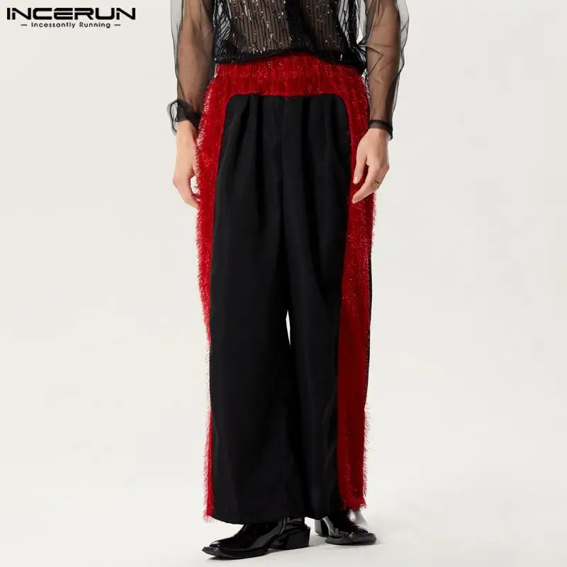 

INCERUN 2024 American Style Men's Trousers Tassels Splicing Design Pantalons Casual Male Solid All-match Simple Long Pants S-5XL