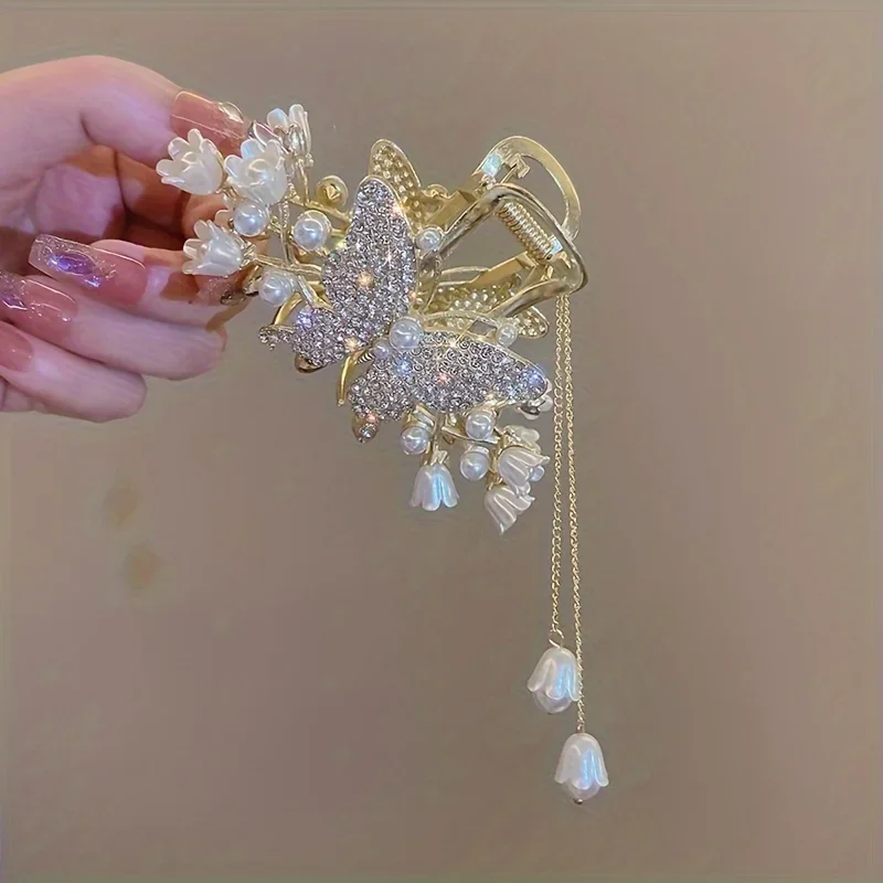 Exquisite Flower Butterfly Rhinestone Tassel Hair Clip with Lily of the Valley Back Headpiece - Perfect for Women's Hair Accesso