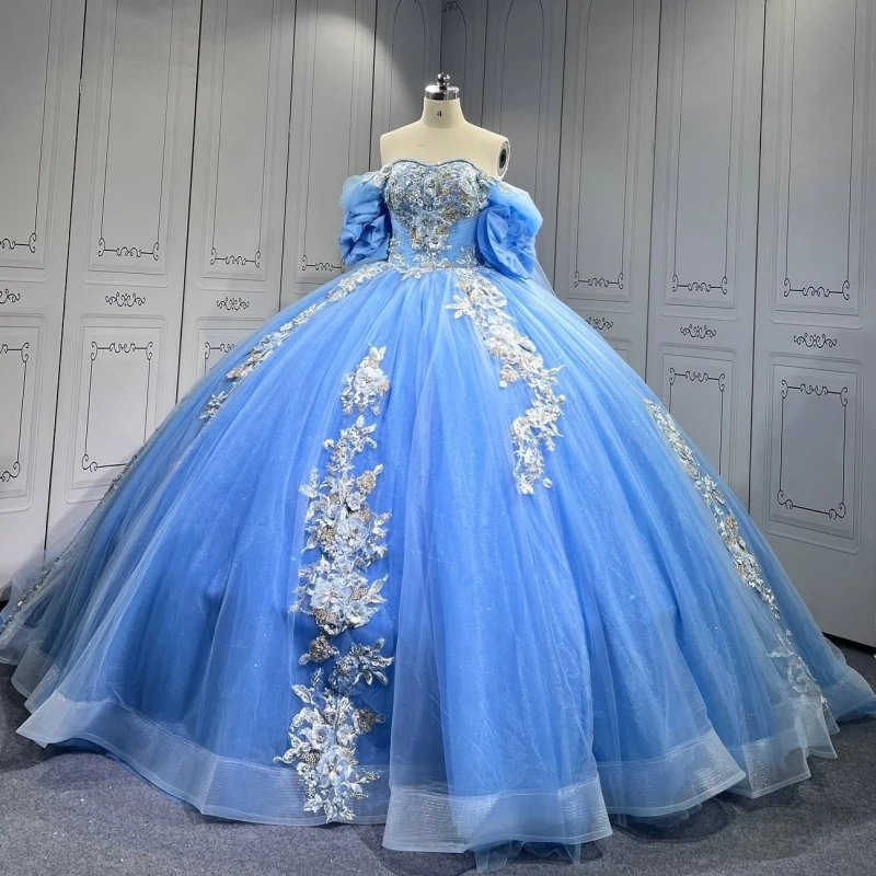 

Blue Shiny Quinceanera Dresses Ball Gown Off The Shoulder Applique Flower Beads With Cape Tull Party Birthday Sweet 16 Dress